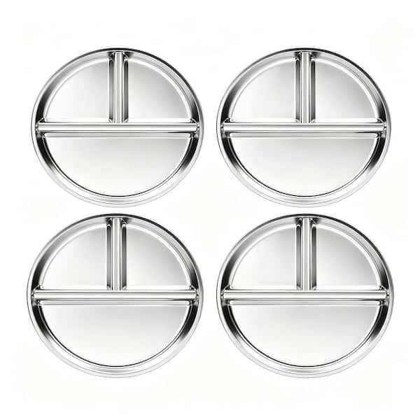 4Pcs 9 in. Silver Stainless Steel Kids Dinner Plates, 9" Portion Control Plates Divided Plate for Adults Toddlers Lunch