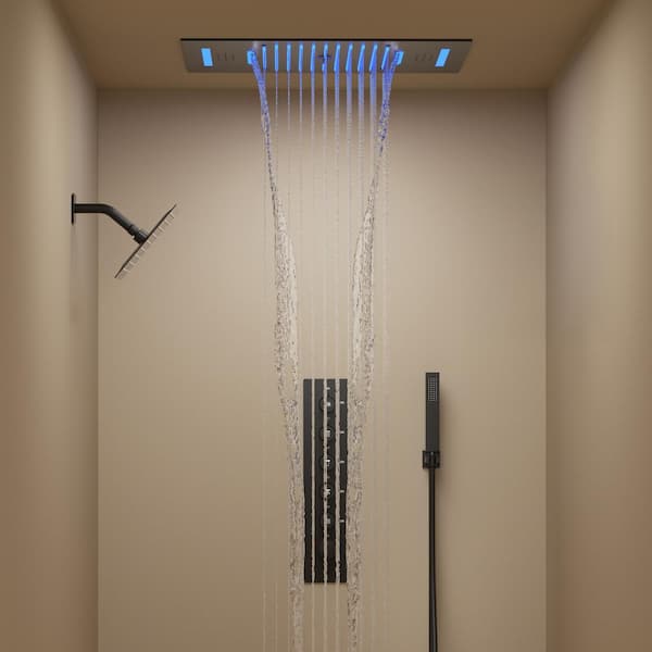GRANDJOY Aurora LED Bluetooth 5-Spray Ceiling Mount 23 in. and 15 in. Fixed Shower 10 in. Shower Handheld 2.5 GPM in Matte Black