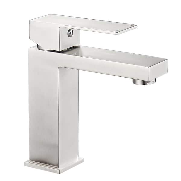 Heemli Square Single Handle Single Hole Bathroom Faucet with Supply Line in Brushed Nickel