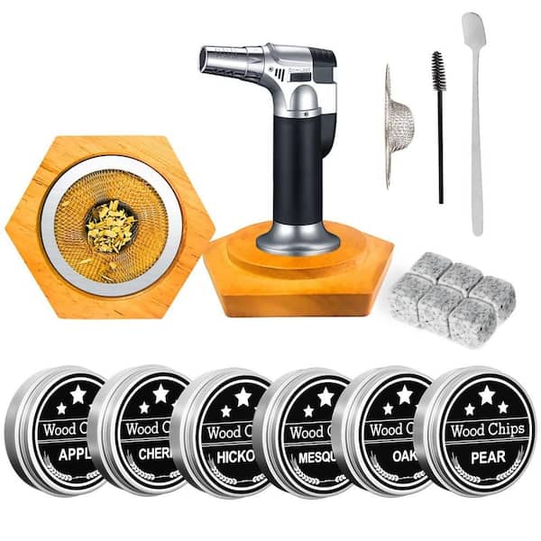 Cocktail Smoker Kit with Torch, Smoke Infuser, Wood Chips, Lid, Ice Cubes, Mesh Chip-Holder, Spoon and Cleaning Tool