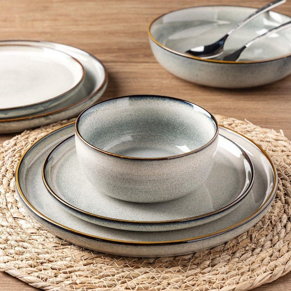 JFVKAF 24-Piece Stoneware Dinnerware Set, Modern Green Wheat Reactive Glaze, Ceramic Plates, Bowls, Dishwasher & Microwave Safe