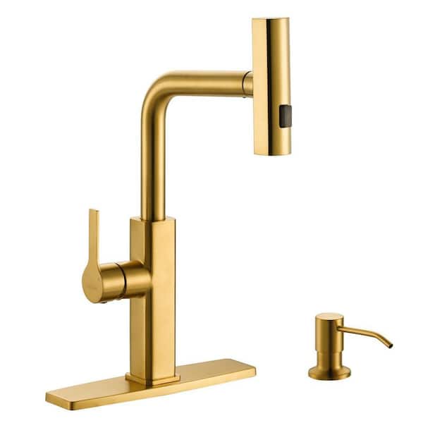 14.8 in. 3-Mode Stainless Steel Single Handle Pull Down Sprayer Kitchen Faucet with 360° Swivel Spout in Brushed Gold