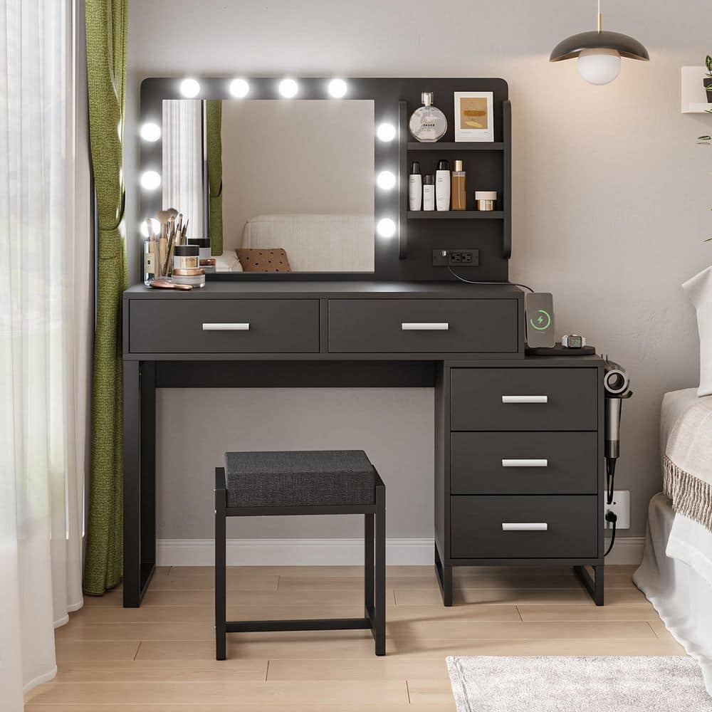 47 in. W Black Makeup Vanity with Charging Station, Large Mirror, 3 Adjusta