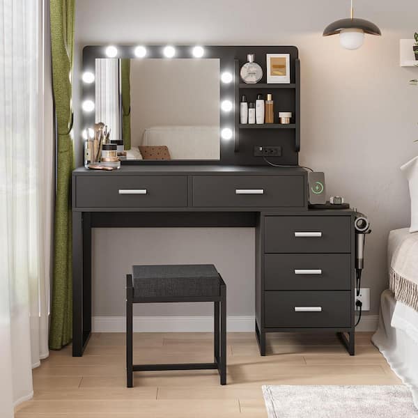Unbranded 47 in. W Black Makeup Vanity with Charging Station, Large Mirror, 3 Adjustable Lighting Color, 5 Drawers