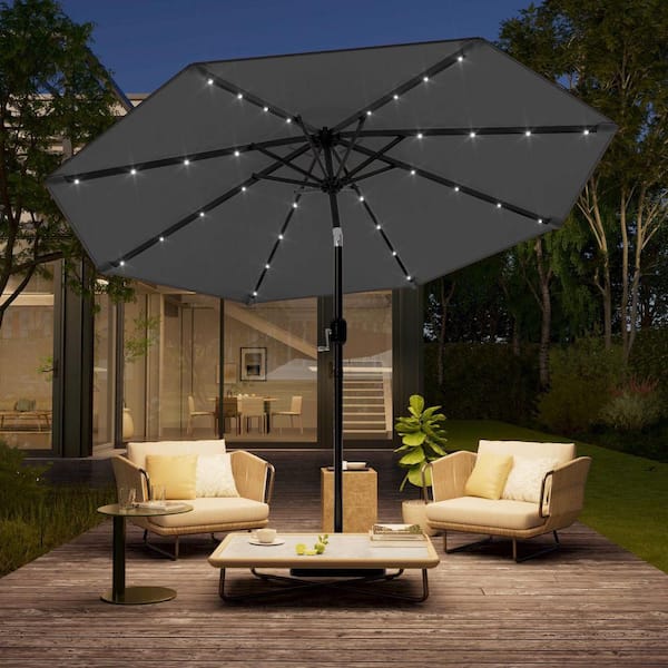 10 ft. Steel Solar-powered Round Outdoor Market Patio Umbrella with Crank in Anthracite
