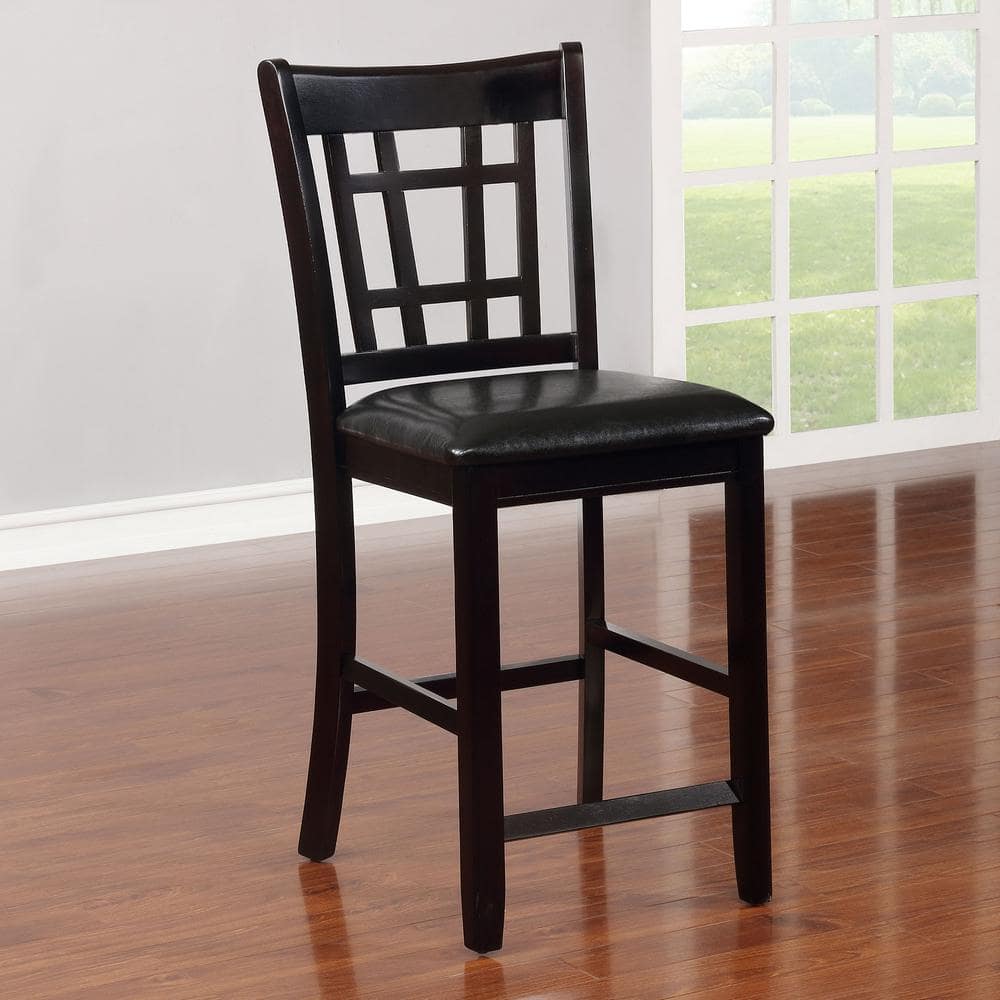 Lavon Cappuccino Wood and Black Faux Leather Counter Height Stools, Set of 2