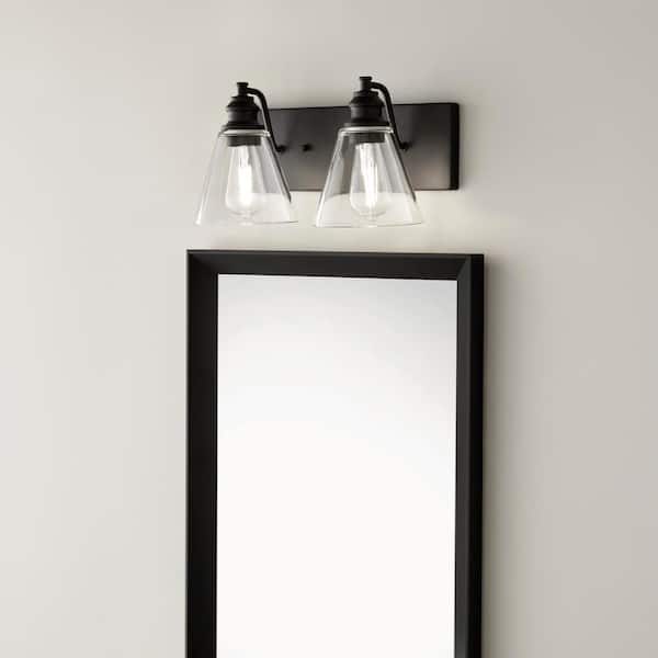 Hampton Bay Manor 15.3 in. 2-Light Matte Black Industrial Bathroom Vanity Light with Clear Glass Shades
