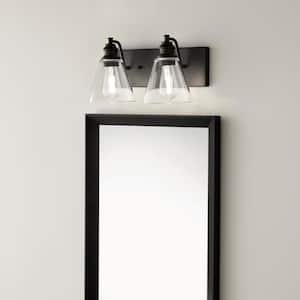 Manor 15.3 in. 2-Light Matte Black Industrial Bathroom Vanity Light with Clear Glass Shades