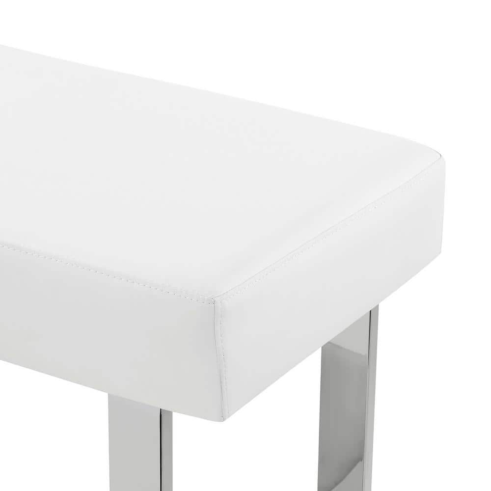 Modern White 48" Faux Leather Bench with Chrome Metal Frame