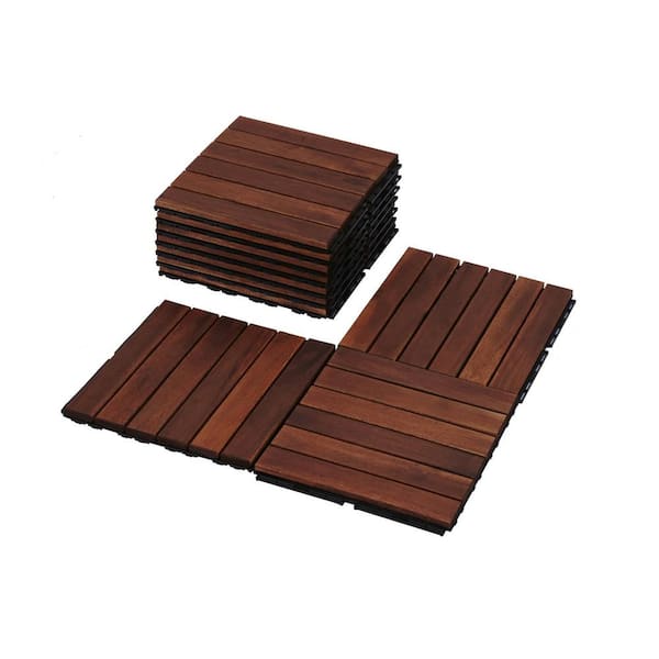 Unbranded 20 Pieces 12 in. Acacia Wood Interlocking Deck Tiles Hardwood with Striped Pattern for Outdoor Flooring, Patio, Poolside