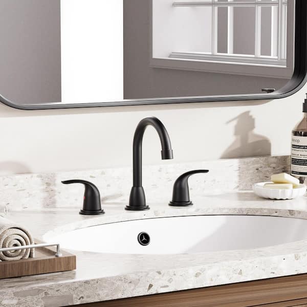 8 in. Widespread Double Handle Bathroom Faucet with Drain Kit Included in Matte Black