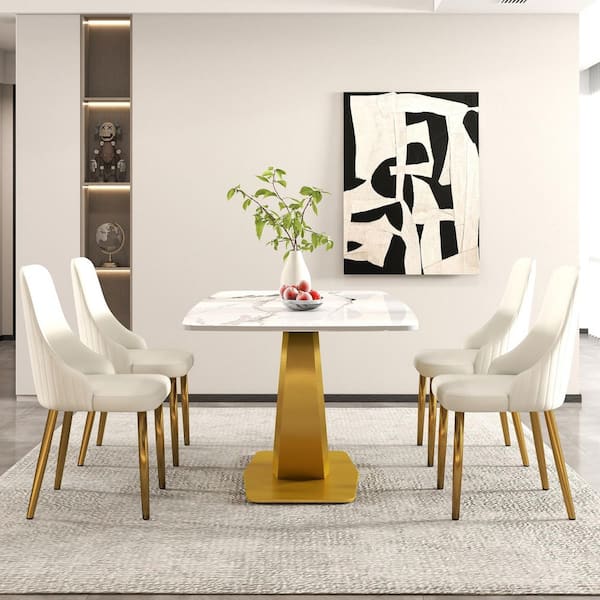 (Set of 4) Modern PU leather Upholstered Dining Chair Desk Chair Furniture with Sturdy Metal Legs, Beige