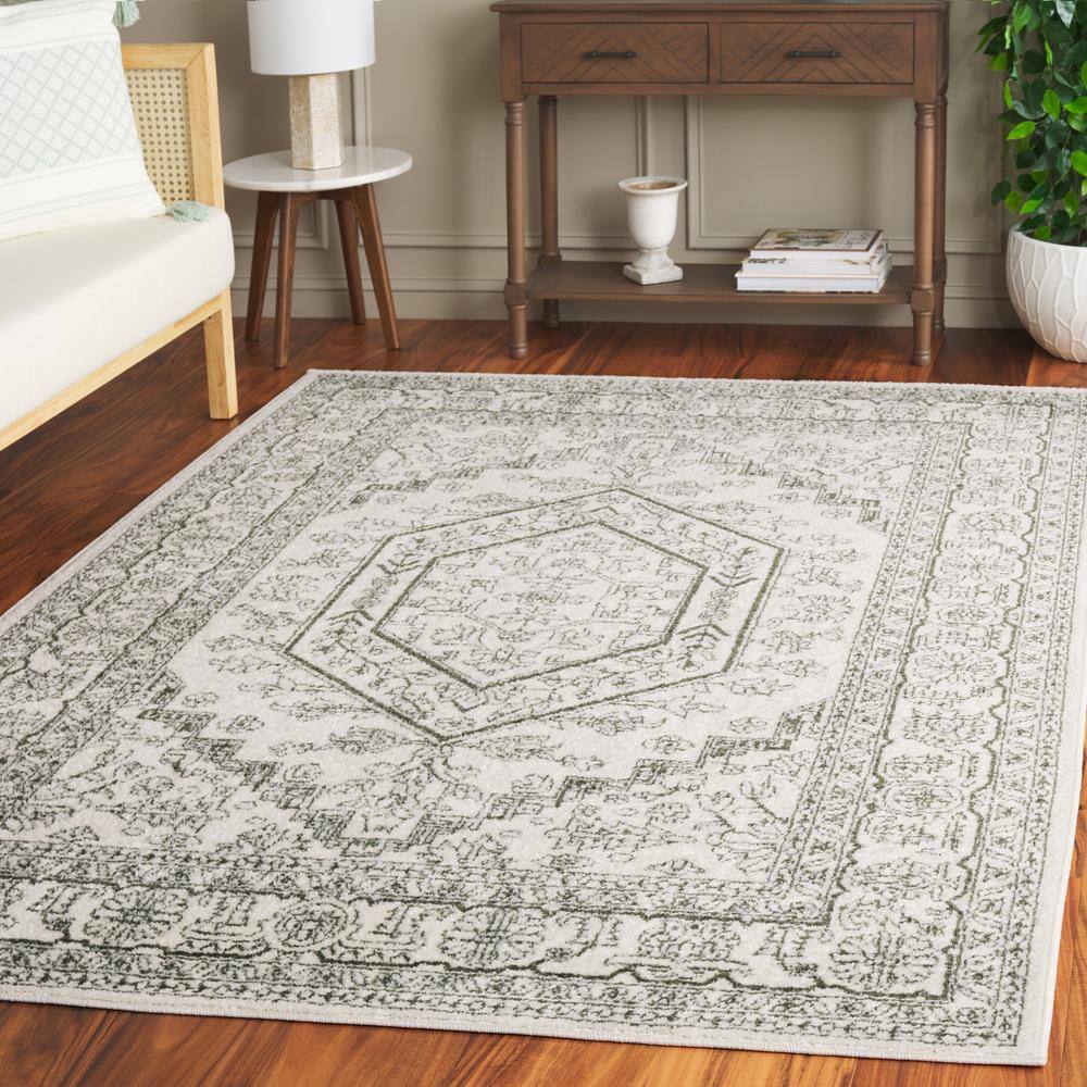 Ivory and Dark Green Synthetic Square Area Rug, 8' x 10'