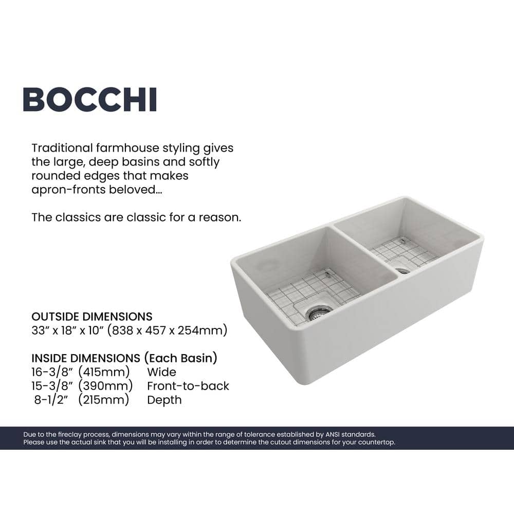 33'' White Fireclay Double Bowl Farmhouse Sink