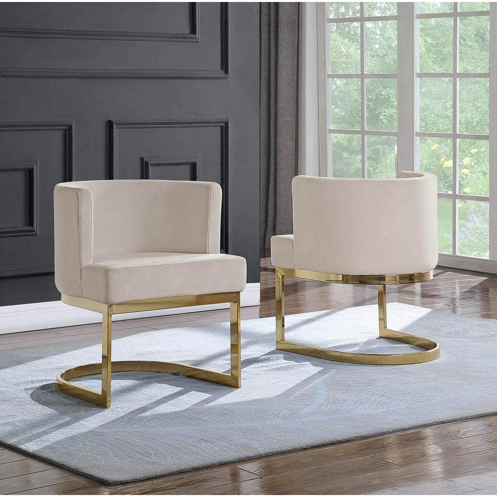 Sumptuous Beige Velvet Barrel Chair with Gold Chrome Base