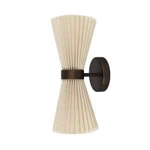 Amore 6 in. 2 Lights Pleated Wall Sconce in Bronze with Natural Linen Shade