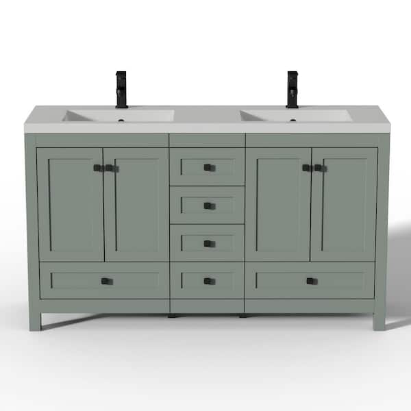 60 in. W. x 18 in. D x 34 in. H Sink Bath Vanity in Green with White Resin Double Sink Top and Drain Faucet Set