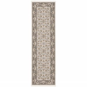 Ivory and Grey 2 ft. x 8 ft. Oriental Power Loom Stain Resistant Fringe with Runner Rug
