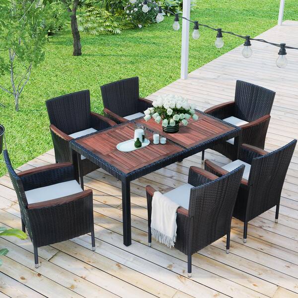 Tenleaf 7-Piece Black Wicker Outdoor Dining Set with Beige Cushions, Acacia Wood Tabletop