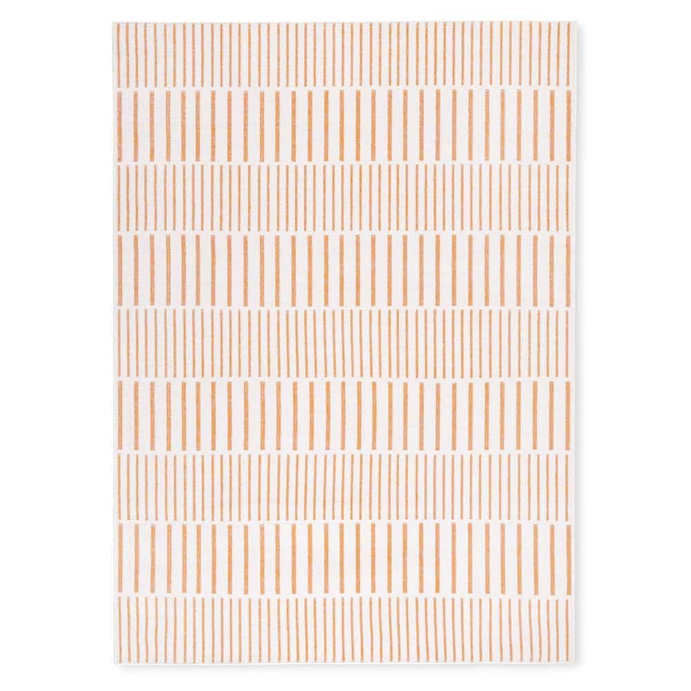 Ivory and Orange Synthetic Stripe Indoor/Outdoor Area Rug