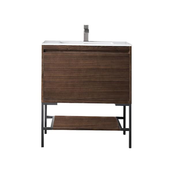 James Martin Vanities Mantova 31.5 in. W x 18.1 in. D x 36 in. H Single Bathroom Vanity Mid-Century Walnut & Glossy White Composite Stone Top