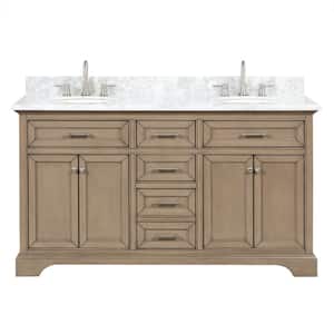 Windlowe 61 in. W x 22 in. D Bath Vanity in Almond Taupe with Carrara Marble Vanity Top in White with White Sinks