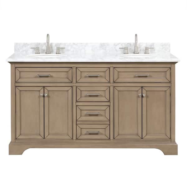 Windlowe 61 in. Double Sink Almond Taupe Bath Vanity with White Carrara Marble Top (Assembled)