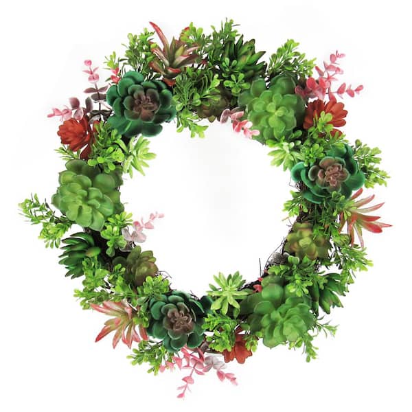 18 in. Green Burgundy Artificial Mixed Boxwood Succulent Greenery Wreath