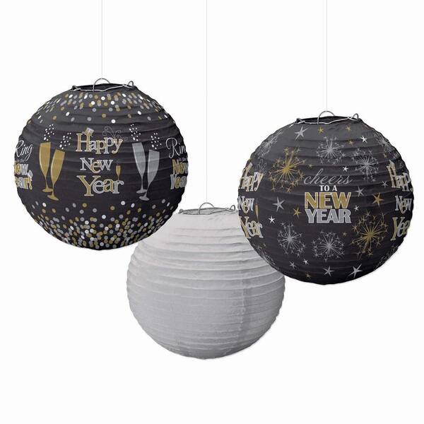 Amscan New Year's 9.5 in. Black, Silver, and Gold Lanterns (3-Count, 2-Pack)