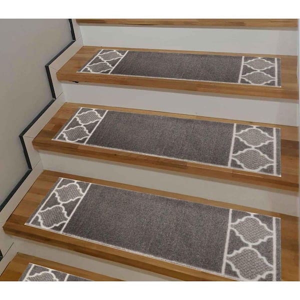 Indoor Trellis Border Gray 8 in. x 26 in. PVC Backing Stair Tread Cover (Set of 7)