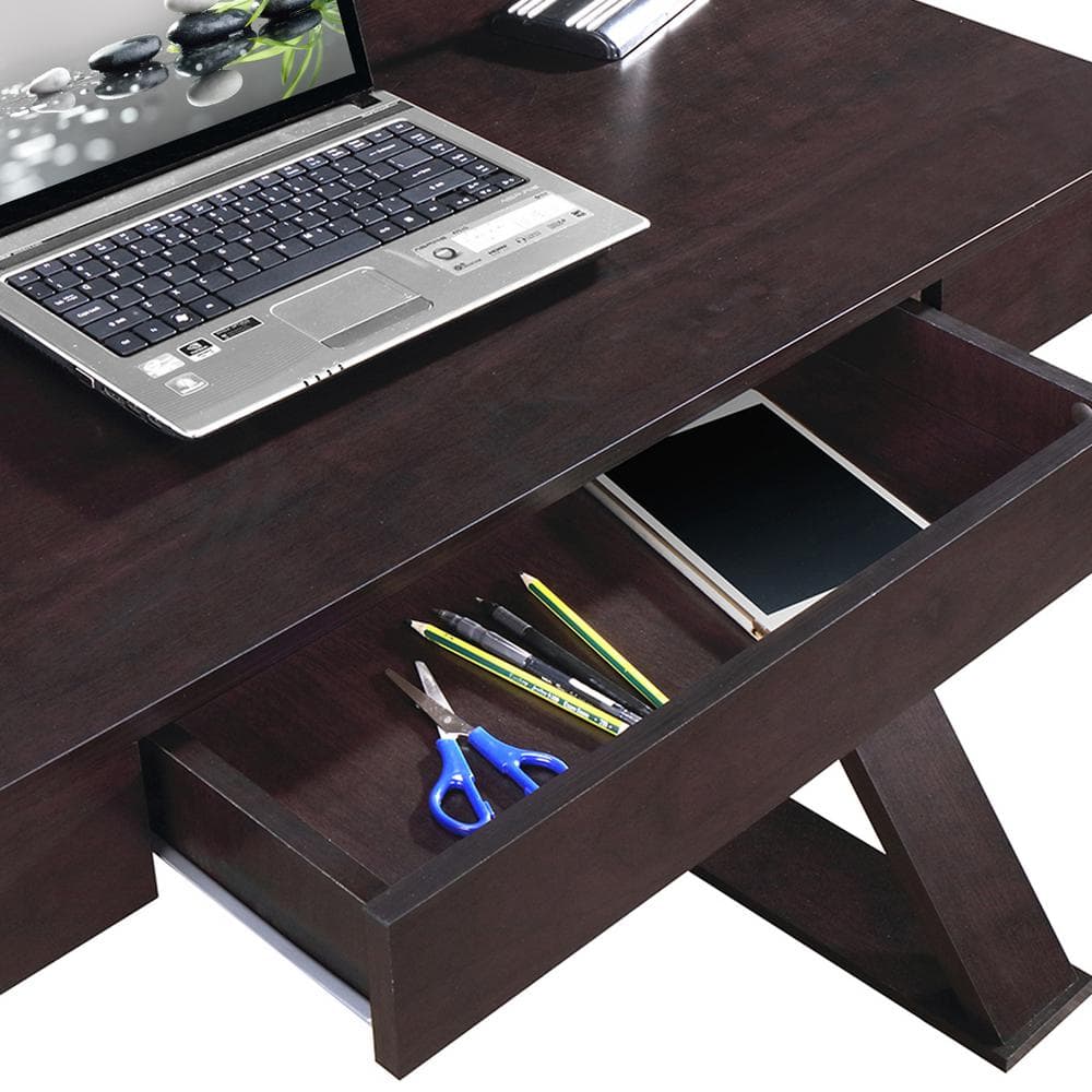 Espresso Wood Executive Writing Desk with Drawer and X-Base