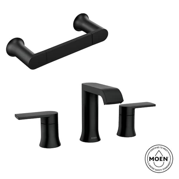 Genta 8 in. Widespread Double Handle Bathroom Faucet with Hand Towel Bar and Drain Kit in Matte Black (Valve Included)