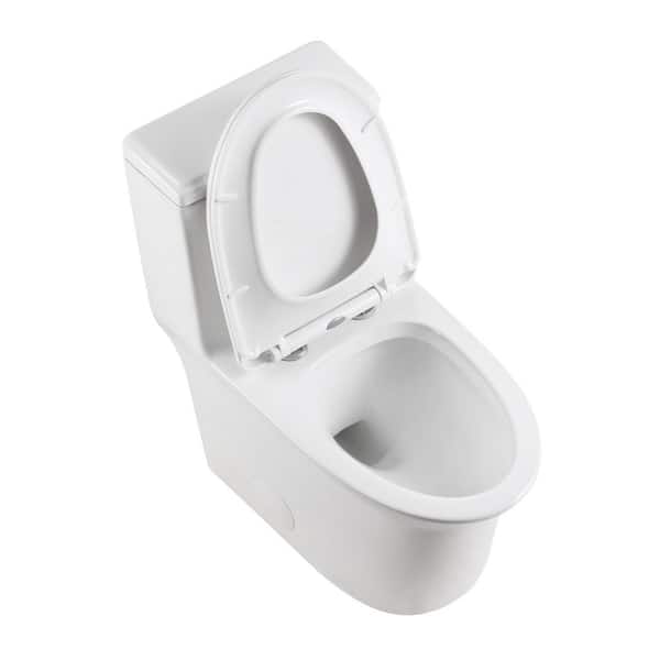 1.1/1.6 GPF Elongated Floor Mounted 1-Piece Toilet in Glossy White with 12 in. Rough-In Soft Close Seat
