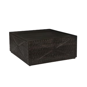 38 in. Black Square Mango Wood Handcrafted Coffee Table with Artisanal Carved Mesh Base