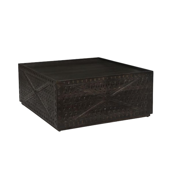 THE URBAN PORT 38 in. Black Square Mango Wood Handcrafted Coffee Table with Artisanal Carved Mesh Base