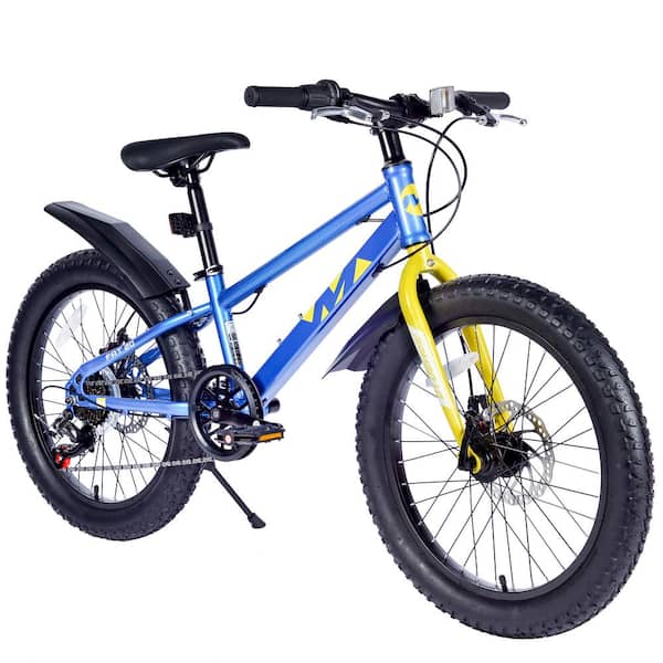 20 in. Blue Steel Kids Bicycles, Fat Tire Mountain Bike, Shimano 7-Speed Dual-Disc Brake, Kids Beach, Snow Bicycle