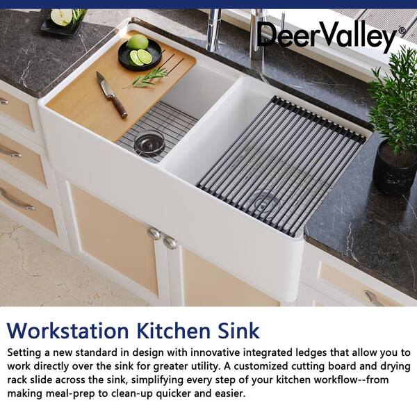 Deervalley 33 L X 20 W Multi-Functional Workstation Farmhouse Kitchen  Sink With Sink Grid, Cutting Board And Dish-Drying Rack & Reviews