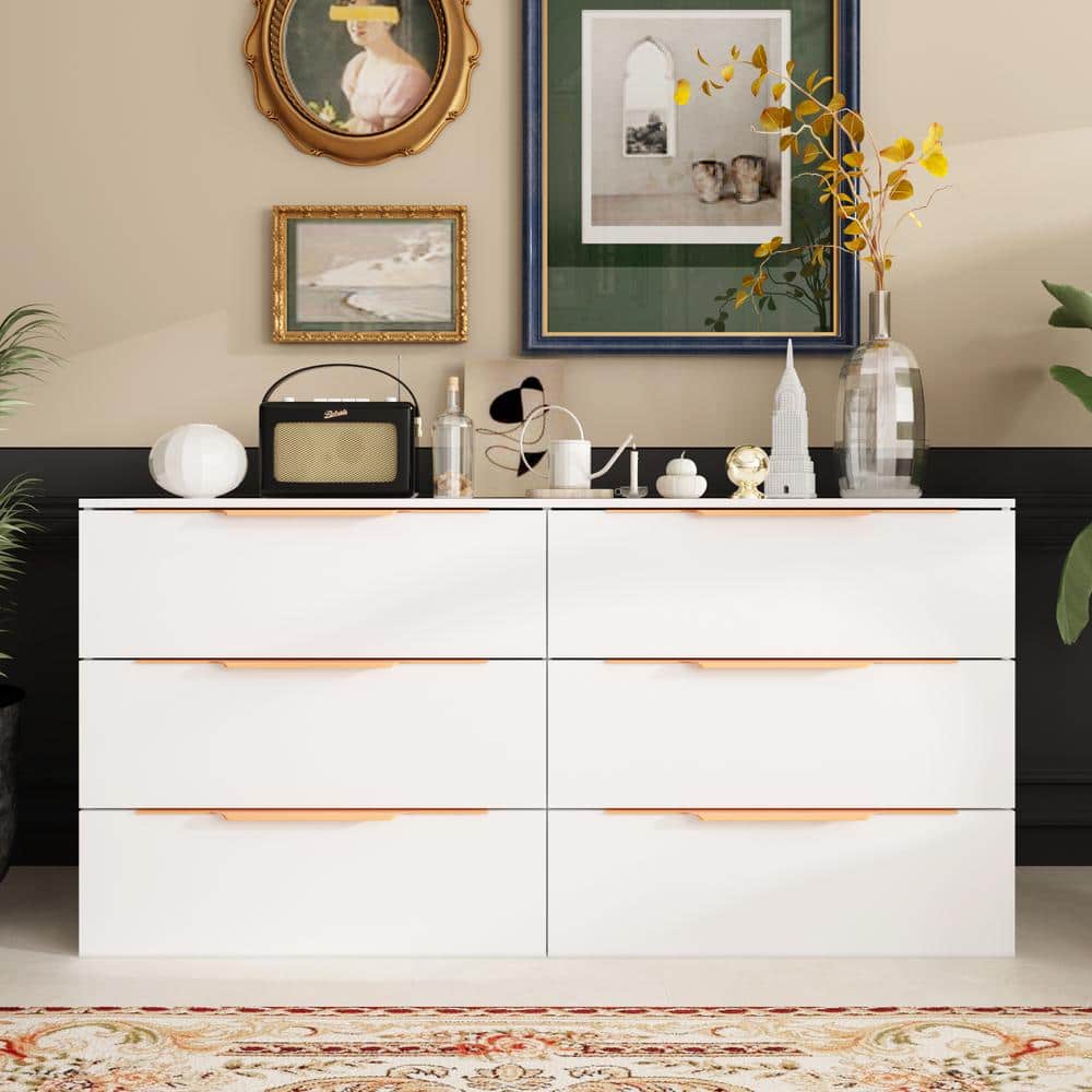 FUFU&GAGA 6-Drawers White Paint Finish Wood Dresser Vanity Cabinet Organizer 63 in. W x 15.7 in. D x 31.1 in. H -  KF200182-01-c