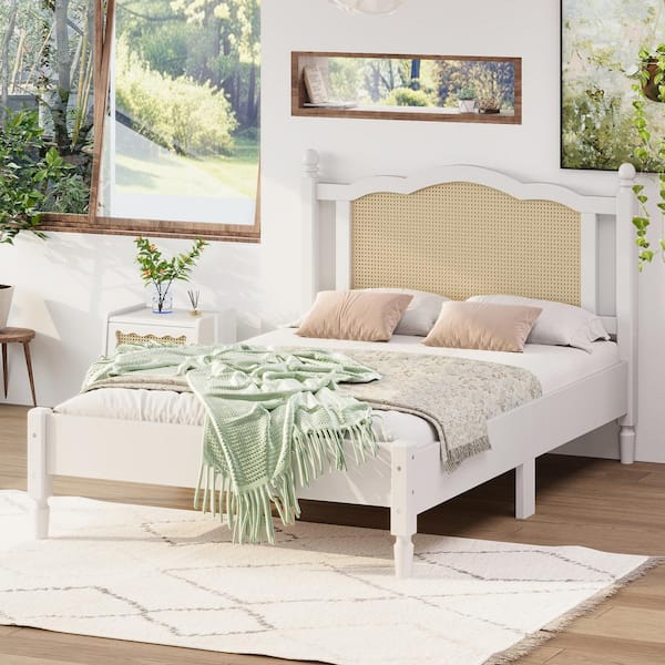 Harper & Bright Designs White Wood Frame Full Size Vintage Platform Bed with Natural Rattan Headboard