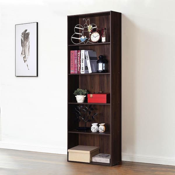67 in. Brown 5-Shelf Standard Bookcase with Adjustable Shelves