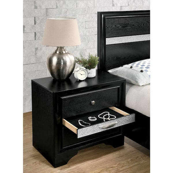 Contemporary Black 2 Drawer Nightstand with Hidden Jewelry Drawer, Silver Accents and Solid Wood Veneer