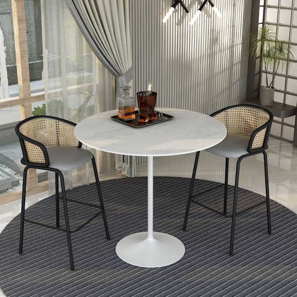Verve 48 in. Bar Height Dining Table with Sintered Stone Top and White Steel Pedestal Base in Marble White