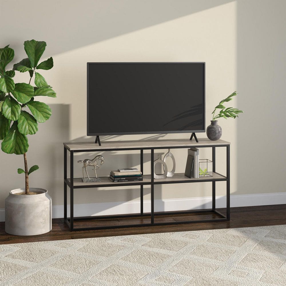 Antiqued Gray Oak and Blackened Bronze 70-inch Transitional TV Stand