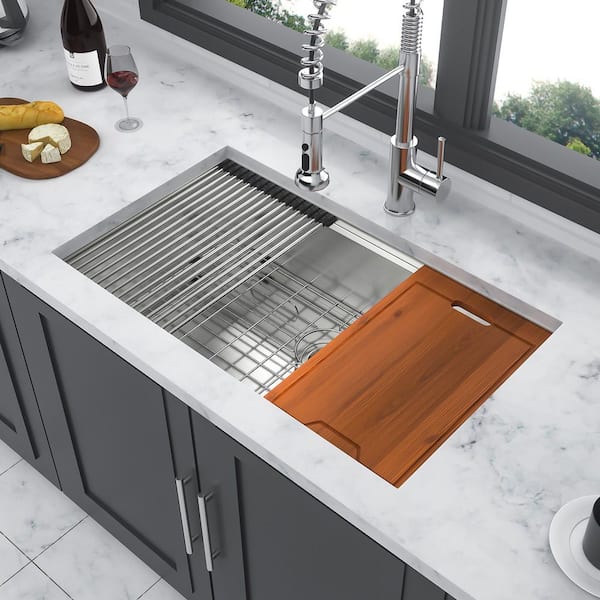 Timussi 32 in. Undermount Single Bowl 16-Gauge Brushed Nickel Stainless Steel Kitchen Sink with Workstation