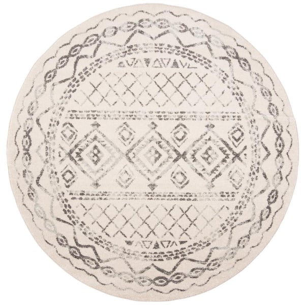 SAFAVIEH Tulum Ivory/Gray Doormat 3 ft. x 3 ft. Round Tribal Distressed Border Area Rug