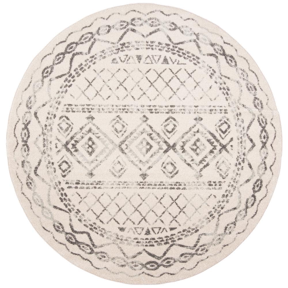 Ivory and Grey Round Synthetic Easy Care Area Rug, 9' x 9'