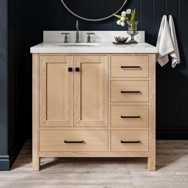 Cambridge 36 in. W x 22 in. D x 36 in. H Single Freestanding Bath Vanity in Oak with Pure White Quartz Top