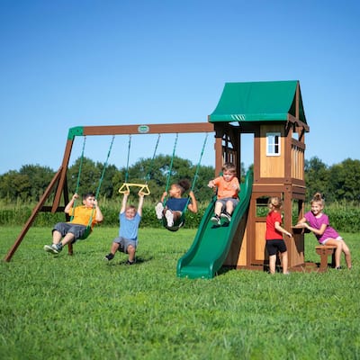 Lakewood Outdoor Playground Set w/ Elevated Clubhouse, Snack Window, Swing Set, Trapeze, and Wave Slide