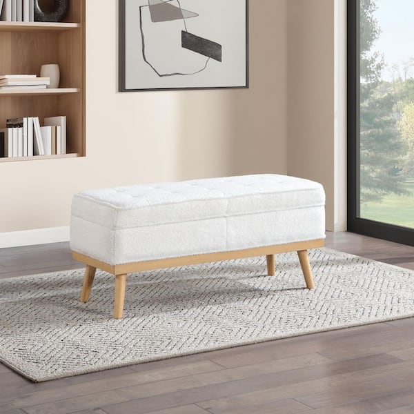 OSP Home Furnishings Katheryn Ivory Sherpa Fabric 43.5 in. Storage Bedroom Bench with National Wood Legs