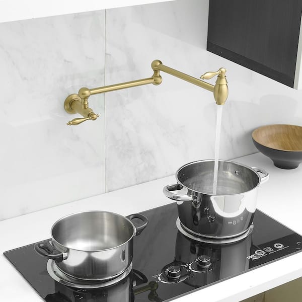 23" Brass Wall Mount Over Stove Pot Filler Faucet, Antique 2 Handles Folding Stretchable Pot Filler Brushed Gold